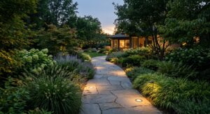 A professional, editorial-style photograph of a modern stone garden path illuminated by sleek, reces