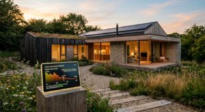 A high-end editorial photograph of a modern, minimalist sustainable house bathed in warm natural lig