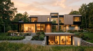 A sleek, modern architectural visualization of a residential house with a clear, illuminated basemen