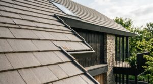 A sophisticated architectural composition featuring a close-up of premium ceramic roof tiles in a ne