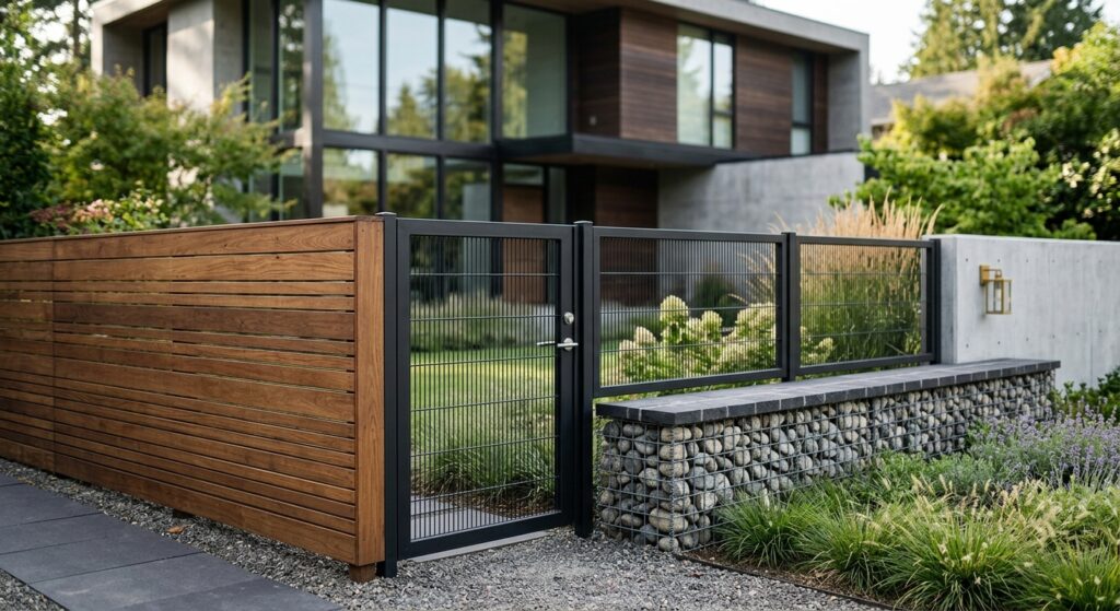 A high-end editorial shot showcasing a variety of modern property fencing materials, including wood,