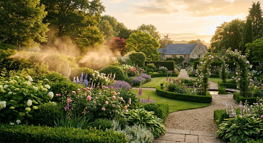 A high-end, professional editorial shot of a lush, manicured garden at golden hour with subtle, eleg