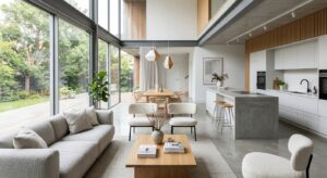 A bright, open-plan living area in a modern architectural home, featuring minimalist furniture, soft