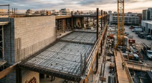 A high-angle professional architectural shot of a construction site focusing on masonry walls with a