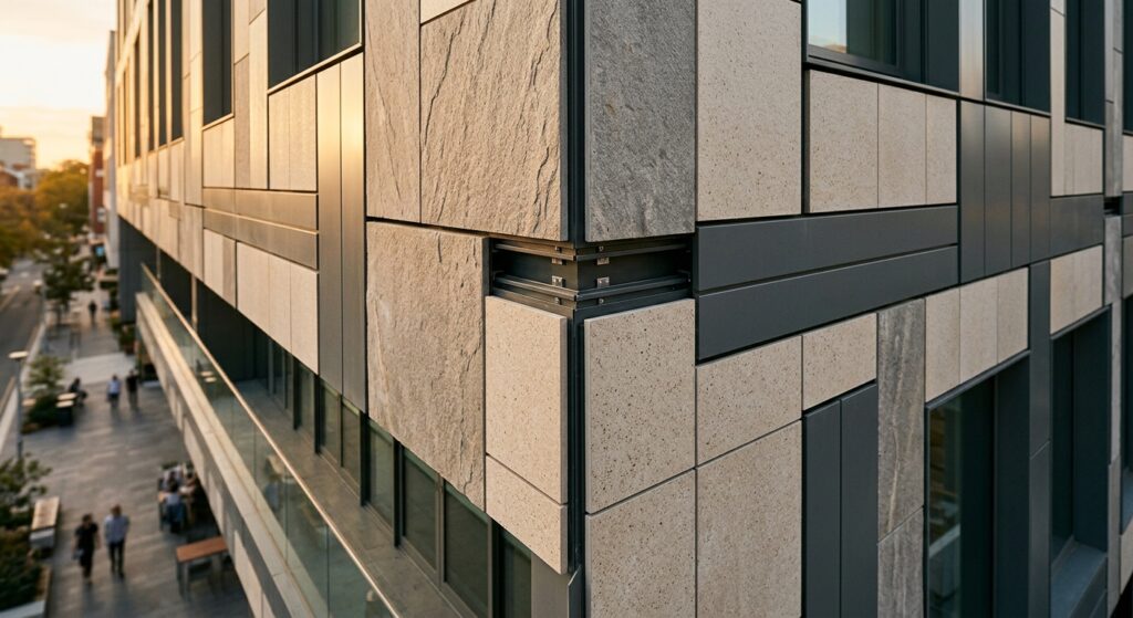 A high-angle, architectural close-up of a modern ventilated facade featuring a mix of high-end stone