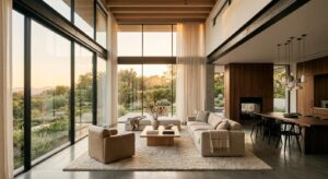 A high-end architectural shot of a modern house interior with large floor-to-ceiling windows illumin