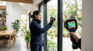 A high-end, professional editorial photograph of a person using a thermal imaging camera to inspect