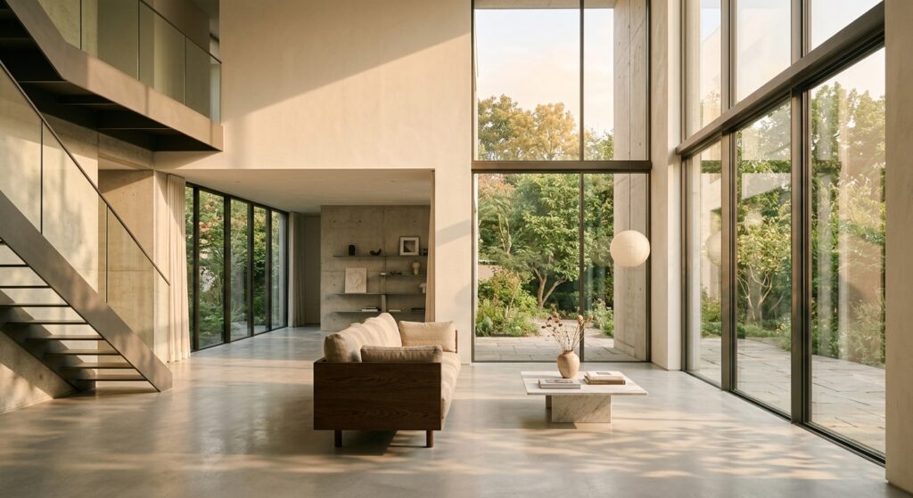 A minimalist modern architectural interior flooded with soft, warm natural sunlight streaming throug