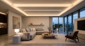 A sophisticated, high-end modern living room featuring minimalist architectural ceiling lighting, ca