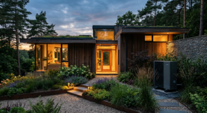 A professional, editorial-style photograph of a modern, eco-friendly house exterior at dusk, featuri