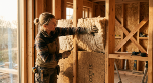A professional, editorial-style close-up of sustainable wood fiber and sheep's wool insulation mater