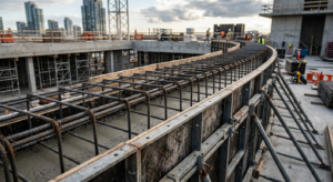 A professional, high-angle architectural shot of steel rebar reinforcement installed on top of a con