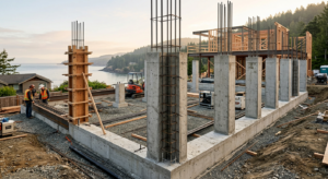 A high-end, professional architectural shot focusing on reinforced concrete foundation pillars durin