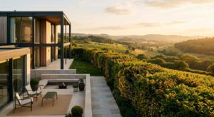A high-end, professional editorial shot of a lush, dense natural hedge separating a modern backyard