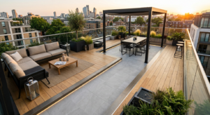 A high-angle, professional editorial shot of a modern, minimalist terrace featuring a sophisticated
