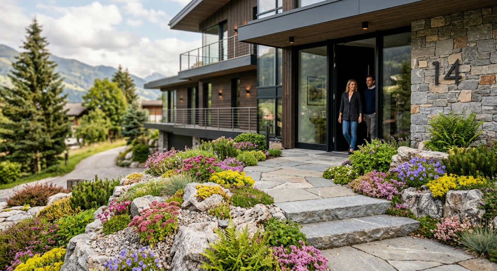 A professional, high-end editorial shot of a modern stone rock garden with vibrant alpine plants fra