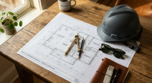 A professional, high-angle editorial photograph of a blueprint spread on a wooden table next to a co