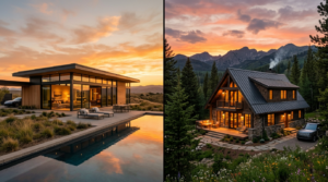 A high-end architectural split-screen composition contrasting a modern single-story house with a coz