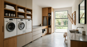 A high-end, minimalist architectural interior shot of a spacious, organized modern utility room feat