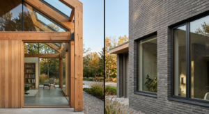 A high-end editorial split-screen composition contrasting a sleek, partially framed timber-frame str