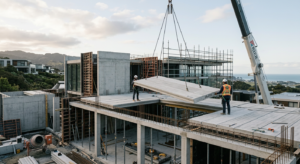 A high-end editorial photograph of a modern residential construction site featuring clean-cut precas