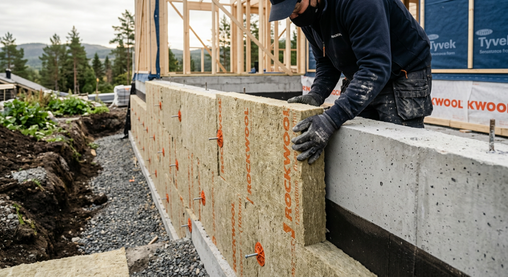 A professional, editorial-style close-up shot of a modern home foundation being insulated with high-