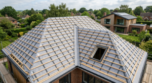 A professional, high-angle architectural shot of a modern roof construction featuring a neatly insta
