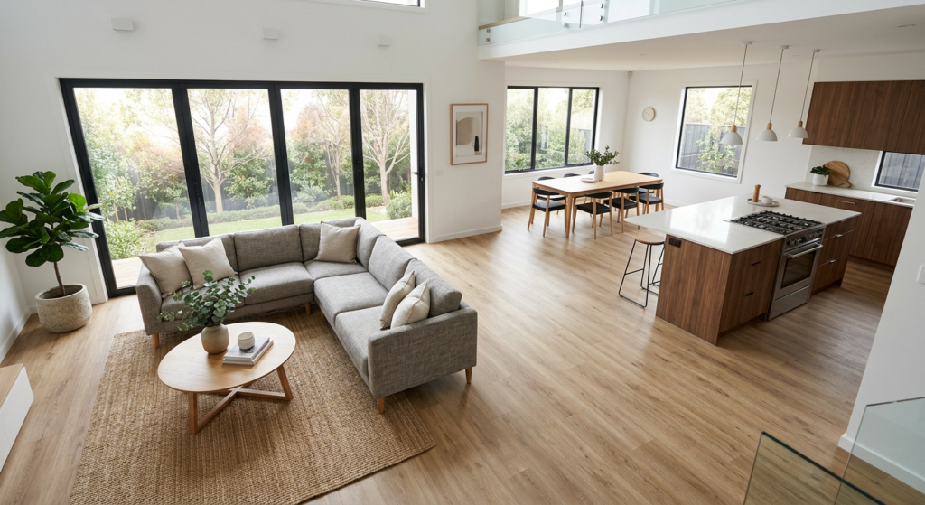 A professional, high-angle interior shot of a modern, open-plan living space featuring seamless, hig