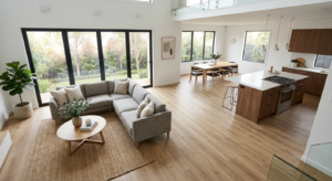 A professional, high-angle interior shot of a modern, open-plan living space featuring seamless, hig