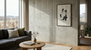A high-end editorial shot of a minimalist contemporary living room wall featuring a textured archite