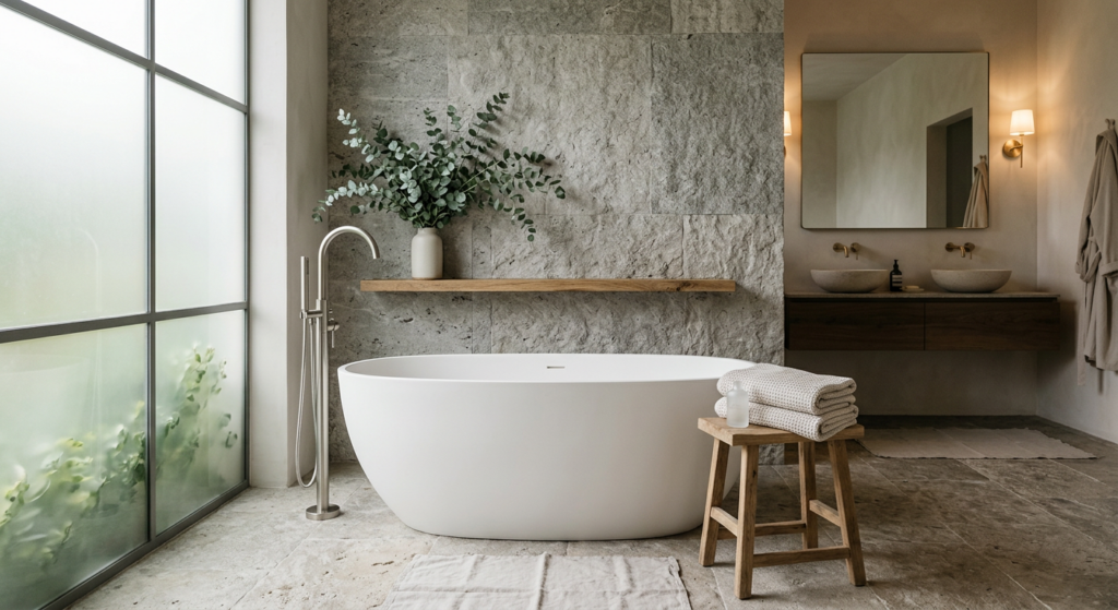 A serene, high-end spa-inspired bathroom interior featuring soft ambient lighting, natural stone tex