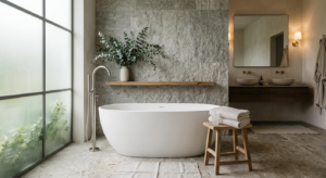 A serene, high-end spa-inspired bathroom interior featuring soft ambient lighting, natural stone tex