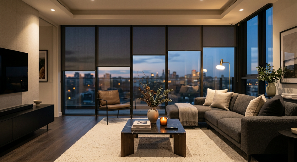 A sleek, modern living room interior at dusk, featuring a large window with automated blinds partial