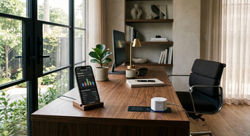 A sophisticated, high-end interior shot of a modern, minimalist home office featuring a sleek smartp