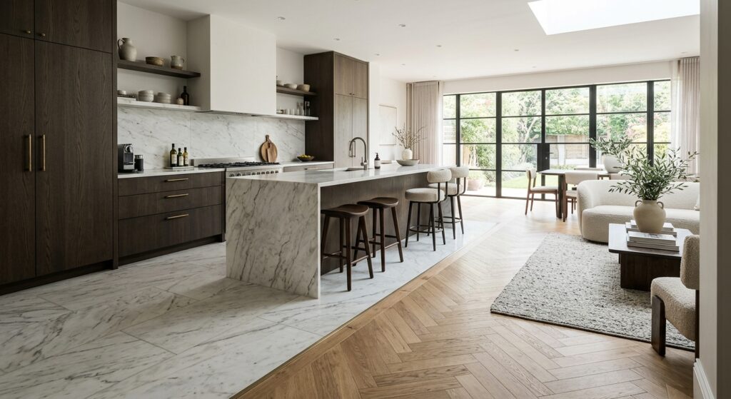 Płytki wielkoformatowe czy parkiet drewniany w otwartej kuchni