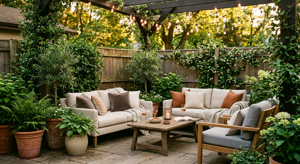 A high-end editorial photograph of a cozy, modern small garden lounge area featuring comfortable out
